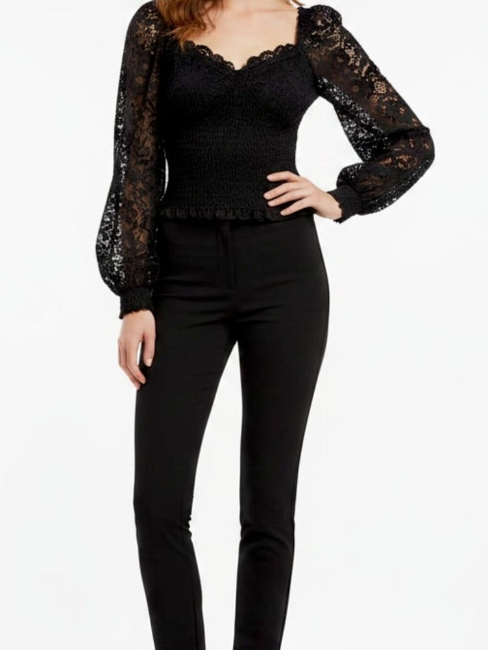 Express Long Puff Sleeve Lace Blouse, Black, XS,